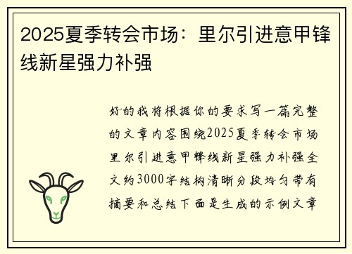 2025夏季转会市场：里尔引进意甲锋线新星强力补强